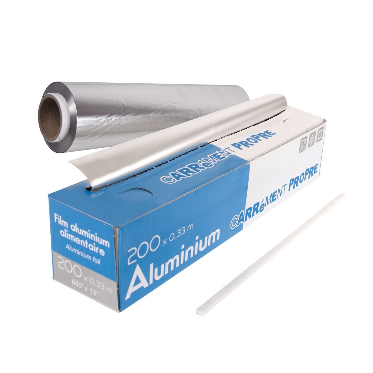 PAPIER ALUMINIUM PROFESSIONNEL AVEC BOITE DISTRIBUTRICE 0,29x200M - Scie de découpe - PUBLI EMBAL